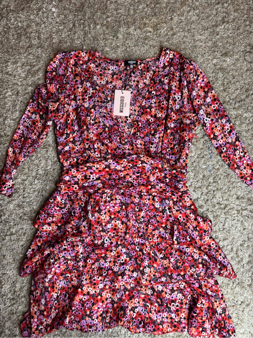 Missguided Red and Pink Floral Ruffle Wrap Dress